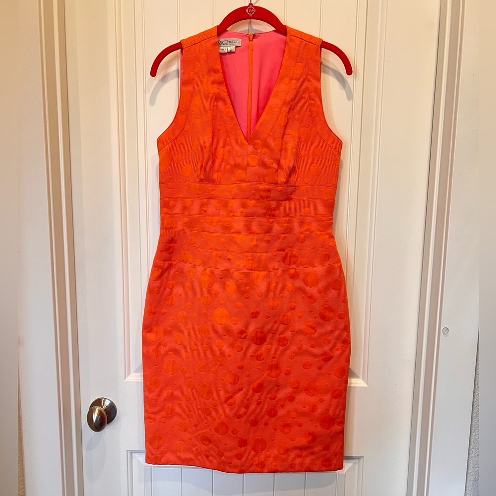Kay Unger Sherbet Orange tone Polka Dot SheathMidi Dress V-Neck Sleeveless SZ 10